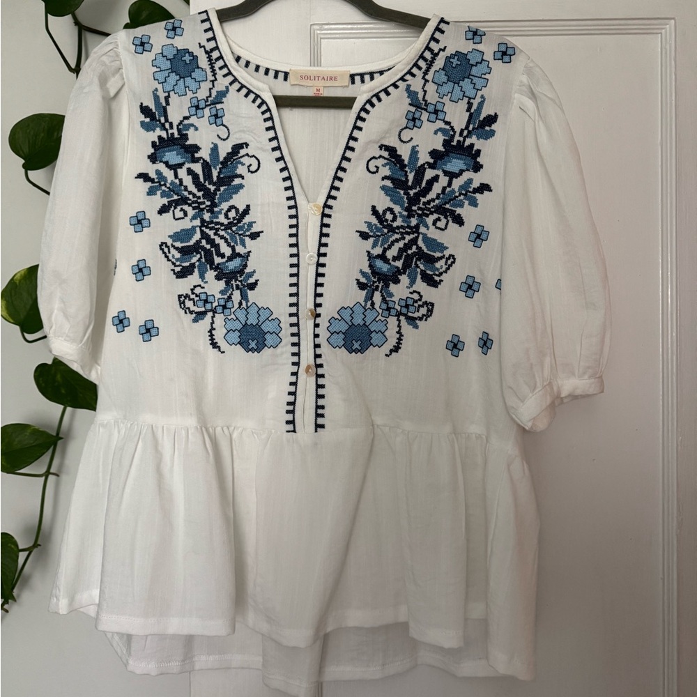 Solitaire Ivory and Navy Floral Embroidered Blouse